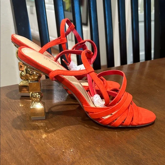 Shoe Dazzle Red Strappy Heels with Gold Accents - Picture 2 of 5